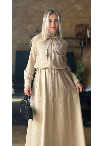 Yazlık Modal Kumaş Jile Elbise ve Ceket Ikili Takım Ikili Ceket Elbise Takım