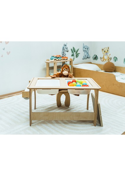 Cozy Dome Montessori Aktivite Masası – Ahşap, Saklama Alanlı, Rulo Kağıt Hediyeli