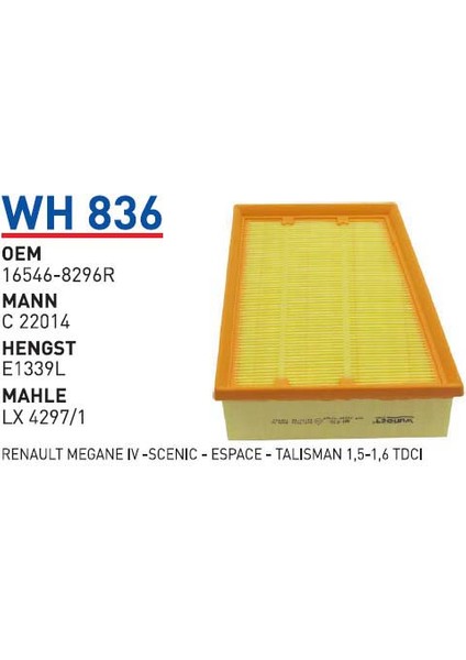 Wh836 Oem 16546-8296R Renault Megane IV Hava Filtre
