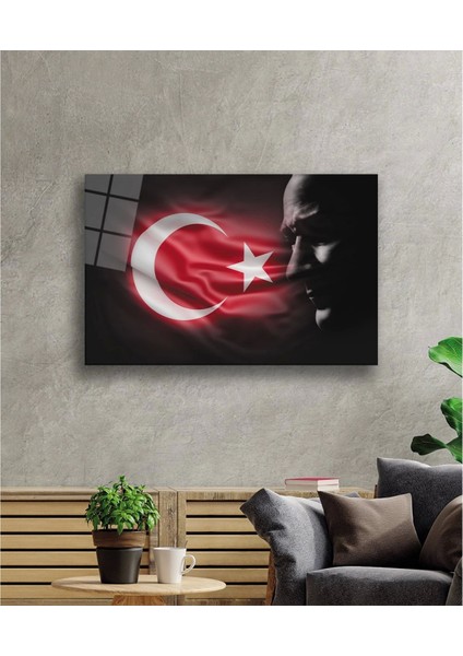 Atatürk Bayrak Atatürk Silüetli Gölgesiz Siyah Fonlu Cam Tablo fiyatları