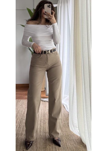 Regular Fit Yüksek Bel Geniş Paça Açık Kahve Jean Pantolon