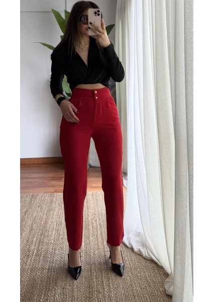 Kırmızı Yüksek Bel Kumaş Pantolon fiyatları