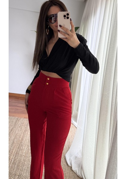 Kırmızı Yüksek Bel Kumaş Pantolon fırsatları