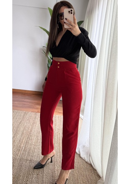 Kırmızı Yüksek Bel Kumaş Pantolon indirimleri