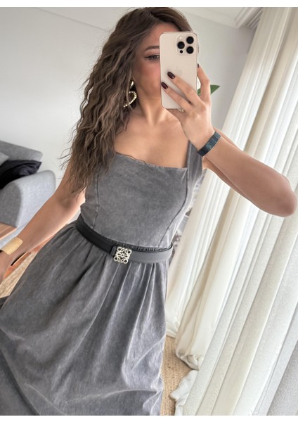 Antrasit Eskitme Kare Yaka Sıfır Kol Örme Maxi Elbise