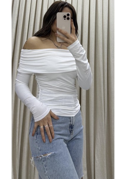 Madonna Yaka Drapeli Uzun Kollu Sandy Body Bluz-Beyaz