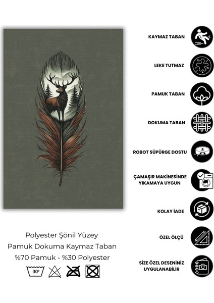 Geyik Desenli Halı Kuş Tüyü Desenli Puslu Orman Temalı Halı Vahşi Doğa Temalı Diital Baskılı Halı fırsatları
