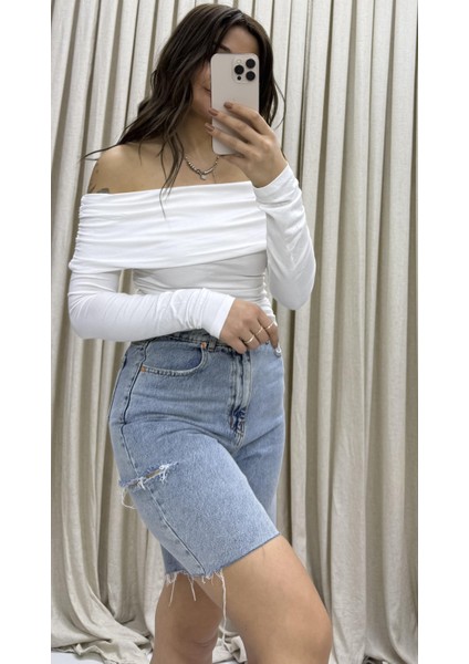 Madonna Yaka Drapeli Uzun Kollu Sandy Body Bluz-Beyaz fiyatları