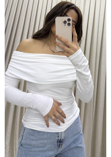 Madonna Yaka Drapeli Uzun Kollu Sandy Body Bluz-Beyaz modelleri