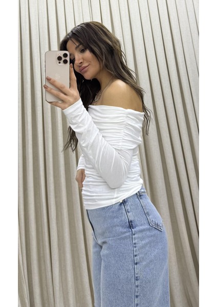 Madonna Yaka Drapeli Uzun Kollu Sandy Body Bluz-Beyaz fırsatları