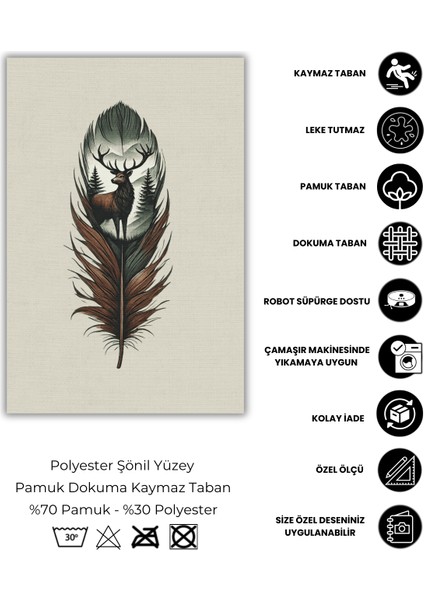 Geyik Desenli Halı Kuş Tüyü Desenli Puslu Orman Temalı Halı Temalı Diital Baskılı Halı Salon Halısı