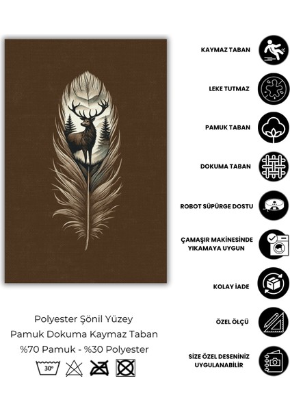 Geyik Desenli Halı Kuş Tüyü Desenli Vahşi Doğa Temalı Halı Diital Baskılı Halı Yazlık Halısı fırsatları