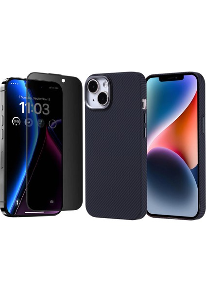 Apple iPhone 15 Kılıf Magsafe Şarj Özellikli Karbon Fiber Görünümlü Zore Nekst Kapak + Hayalet Ekran Koruyucu