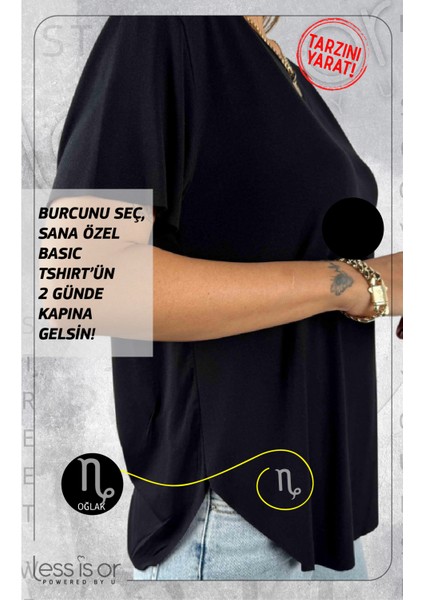 Less İs Or Kişiye Özel Bisiklet Yaka Siyah Basic Tshirt "Burcunu Seç"