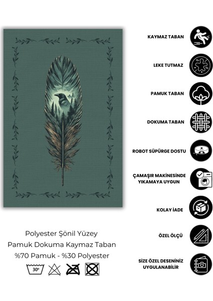 Mavi Gagalı Karga Desenli Halı Kuş Tüyü Desenli Puslu Orman Temalı Halı Vahşi Doğa Temalı Diital Baskılı Halı Oruma Odası Halısı fırsatları