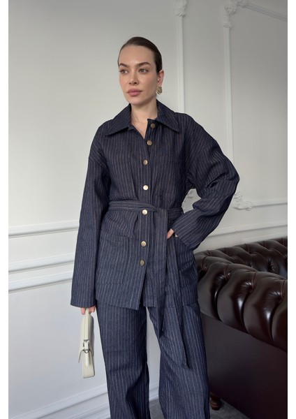 Çizgili Denim Premium Takım- Mavi modelleri