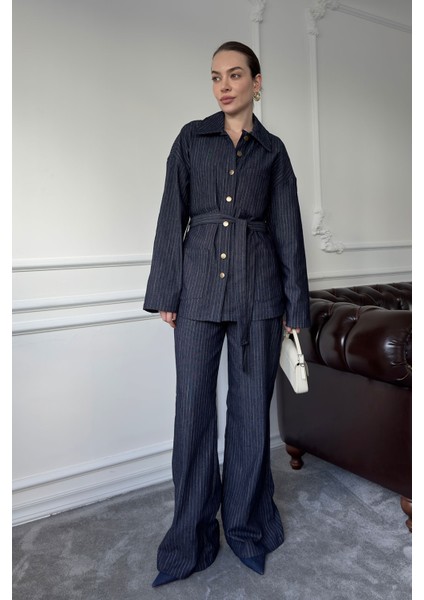 Çizgili Denim Premium Takım- Mavi indirimleri