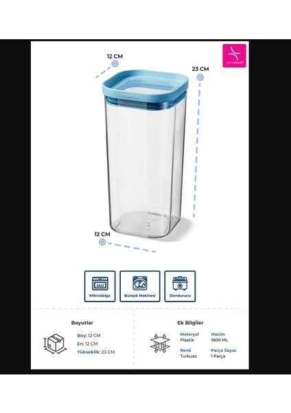 Seoul Kuru Gıda Saklama Kabı 1800 ml - 12 x 12 x 23 cm