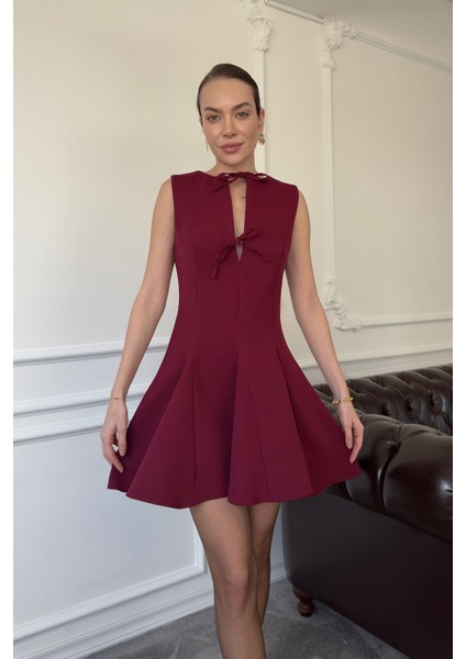 Sıfır Kol Kurdaleli Orj Elbise- Bordo
