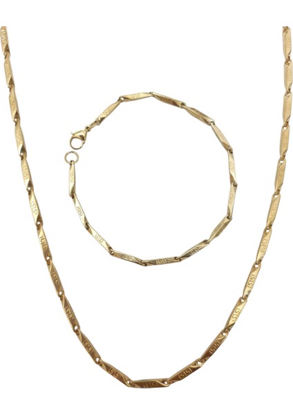 Çelik Takı Seti Bileklik Kolye Titanyum Melon Motifli Model 2 mm 22-55 cm Altın Sarısı Gold