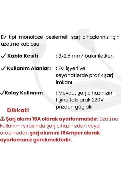 5 Metre Taşınabilir Ev Tipi Şarj Cihazları Için Uzatma Kablosu
