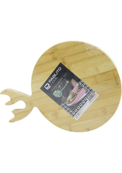 Yuvarlak Ahşap Bambu Kesim Panosu - Kesme Tahtası Geyik Boynuz Figür Saplı = 26CM (5069)