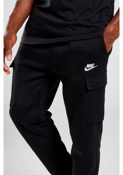 Sportswear Clup Fleece Pamuklu Siyah Erkek Kargo Eşofman Altı