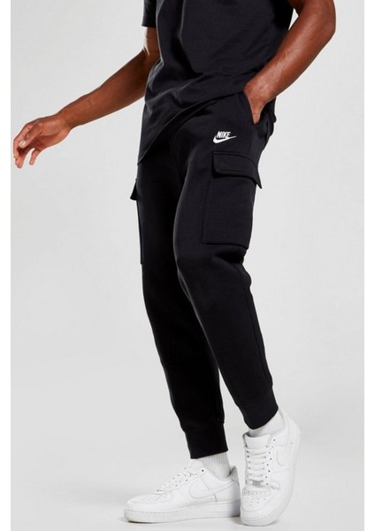 Sportswear Clup Fleece Pamuklu Siyah Erkek Kargo Eşofman Altı