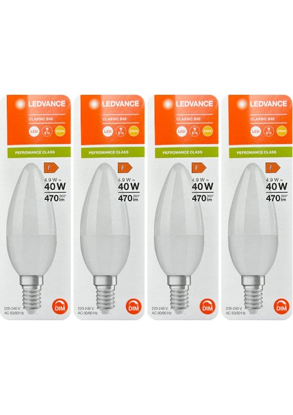 (4 adet) Ledvance 4,9W (40W) 2700K (Sarı Işık) Dim Edilebilir E14 Duylu (Ince Duy) LED Mum Ampul