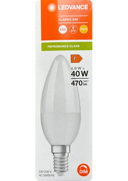 (4 adet) Ledvance 4,9W (40W) 2700K (Sarı Işık) Dim Edilebilir E14 Duylu (Ince Duy) LED Mum Ampul