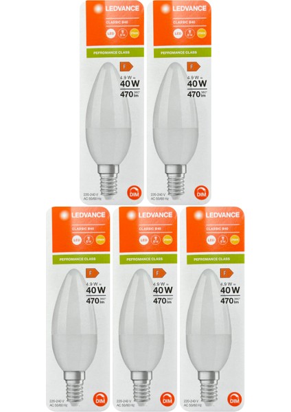 (5 adet) Ledvance 4,9W (40W) 2700K (Sarı Işık) Dim Edilebilir E14 Duylu (Ince Duy) LED Mum Ampul