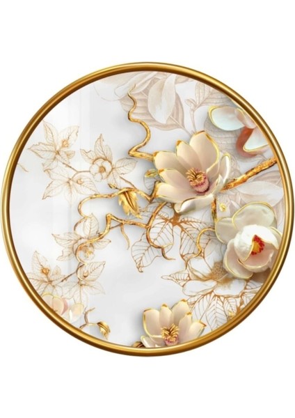 Gold Çiçekler Yuvarlak Cam Tablo