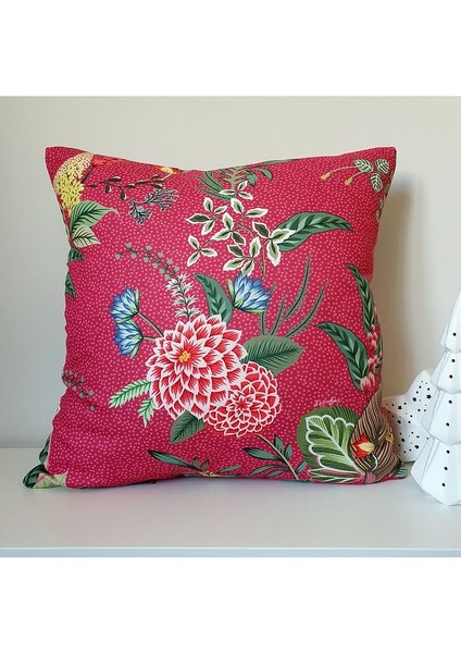 Pembe Zemin Botanik Çiçekler Tasarımlı Kırlent Kılıfı - 43 x 43 cm , Gizli Fermuarlı