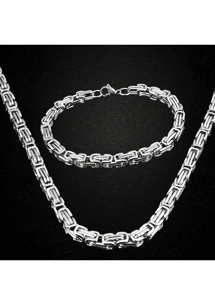 Çelik Takı Seti Bileklik Kolye Kral Zincir Model 0.5 mm 22-55 cm Bizans Bağlantı Gümüş Silver
