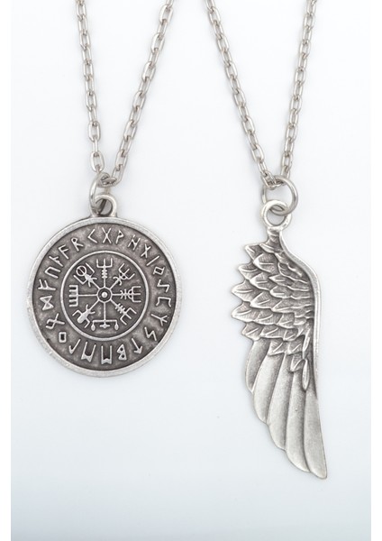 2'li Viking Pusula - Kartal Melek Kanat Gümüş Kaplama Kolye Seti