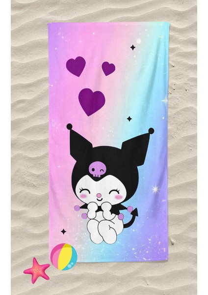 Kuromi Desenli Dijital Baskılı Plaj Banyo Havlusu Kız Çocuk Plaj Havlusu Beach Towel