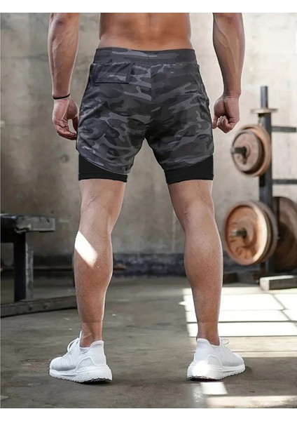Kamuflaj Desen Sporcu Şortu, Alt Siyah Tayt Görünümlü Çok Cepli Taytlı Spor Şortu