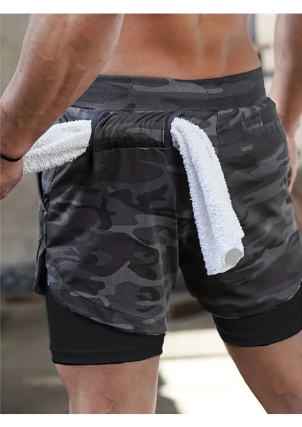 Kamuflaj Desen Sporcu Şortu, Alt Siyah Tayt Görünümlü Çok Cepli Taytlı Spor Şortu