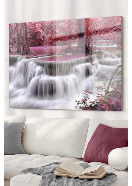 Pencere Şelale ve Pembe Ağaçlar | Doğa Temalı Cam Tablo | 50 x 70 cm 5070OLCTM109