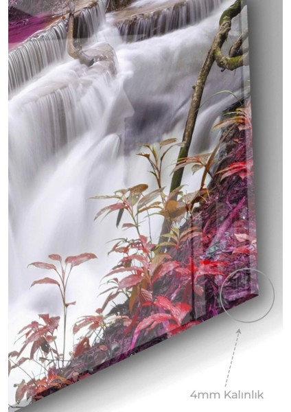 Pencere Şelale ve Pembe Ağaçlar | Doğa Temalı Cam Tablo | 50 x 70 cm 5070OLCTM109