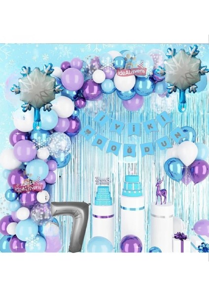Kız Çocukları Için Lüks 7 Yaş Frozen Elsa Temalı Kar Tanesi Folyolu Doğum Günü Parti Seti Süsü