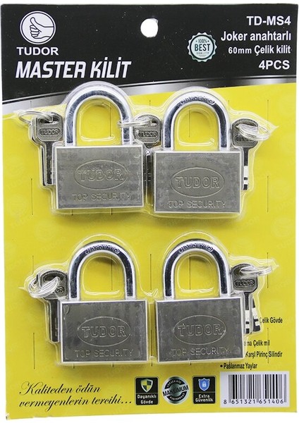 Td-Ms4 Master 4pcs Joker Anahtarlı=tek Anahtarla 4 Kilit Aç 60 mm - Gri Kısa Kancalı Çelik Asma Kilit