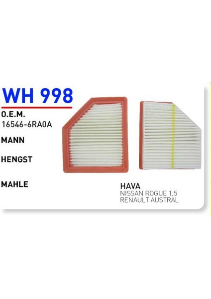 Wh998 Oem 16546-6RA0A Renault Austral 1,5 Hava Filtre
