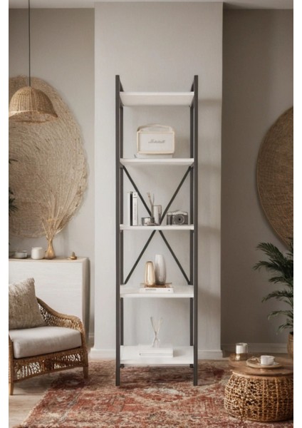 Nilamu Beyaz 45 cm Kitaplık, Metal Aksamlı, Organizer, Ofis, 45*170*34 cm