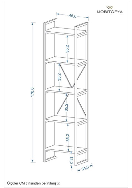 Nilamu Çam 45 cm Kitaplık, Metal Aksamlı, Organizer, Ofis, 45*170*34 cm