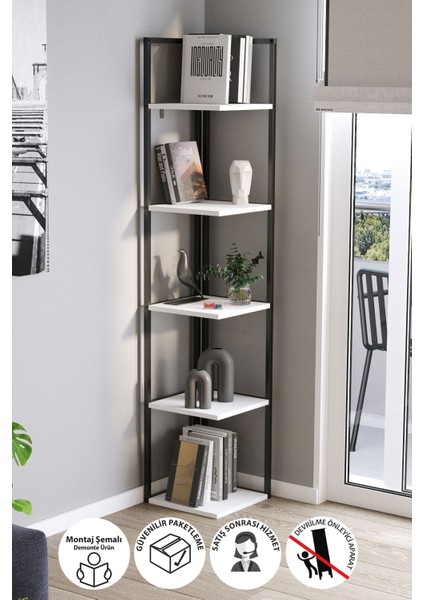 5 Raflı Metal Köşe Kitaplık Rafı Dekoratif Aksesuar Rafı Selanik 180 cm Beyaz