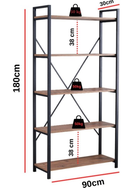 Kitaplık Dekoratif Raf 180 x 90 cm 5 Raflı