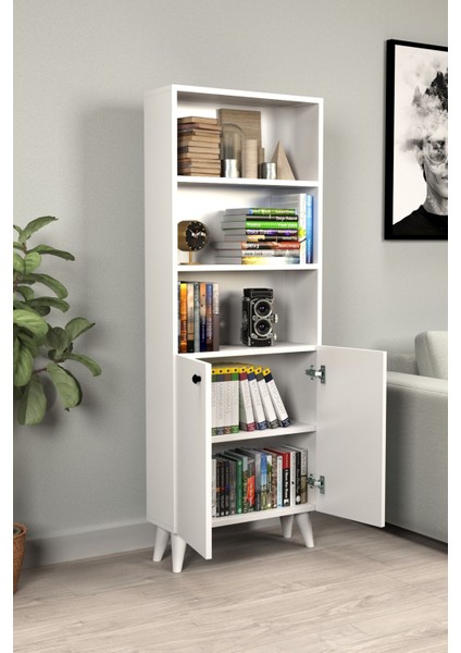 Kitaplık Parlak Beyaz 5 Raflı Kapaklı Modern Kitaplık