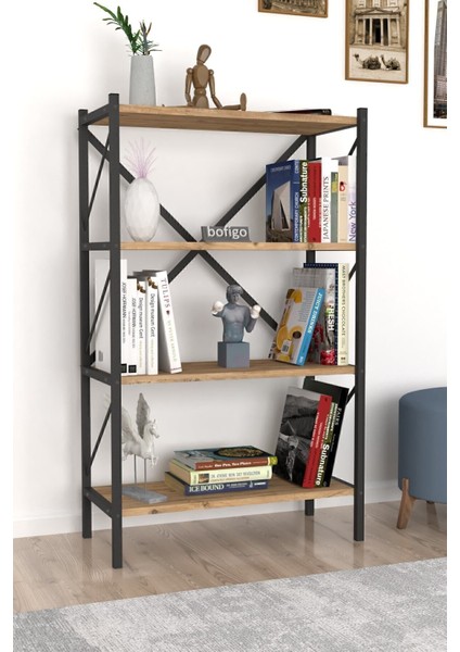 Dekoratif 4 Raflı Kitaplık Metal Kitaplık Çam.