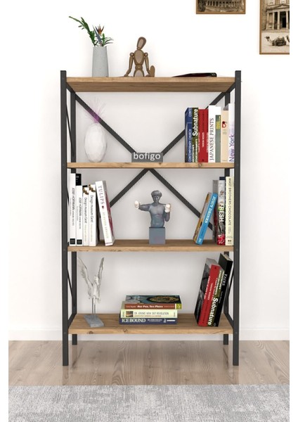 Dekoratif 4 Raflı Kitaplık Metal Kitaplık Çam.